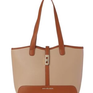 Van Heusen Women's Classic Handbag | Dual Tone Beige & Tan Contrast Stitch | Office Bag