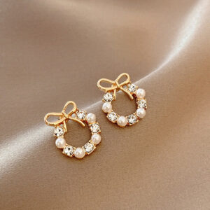 Golden Bow & Pearl Crystal Hoop Stud Earrings – Elegant Gold-Plated Design with White Pearls and Sparkling Stones
