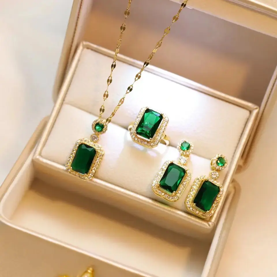 Green Emerald Necklace and Earrings Set - Image 3